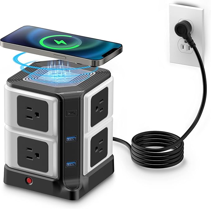 PD 20W USB C Power Strip with Wireless Charger BESTEK 8-Outlet Surge Protector and 30W 3-Port USB Charging Dock Station,4000 Joules,ETL Listed,Dorm Room Accessories (8AC+3USB+Wireless Charger-Black)