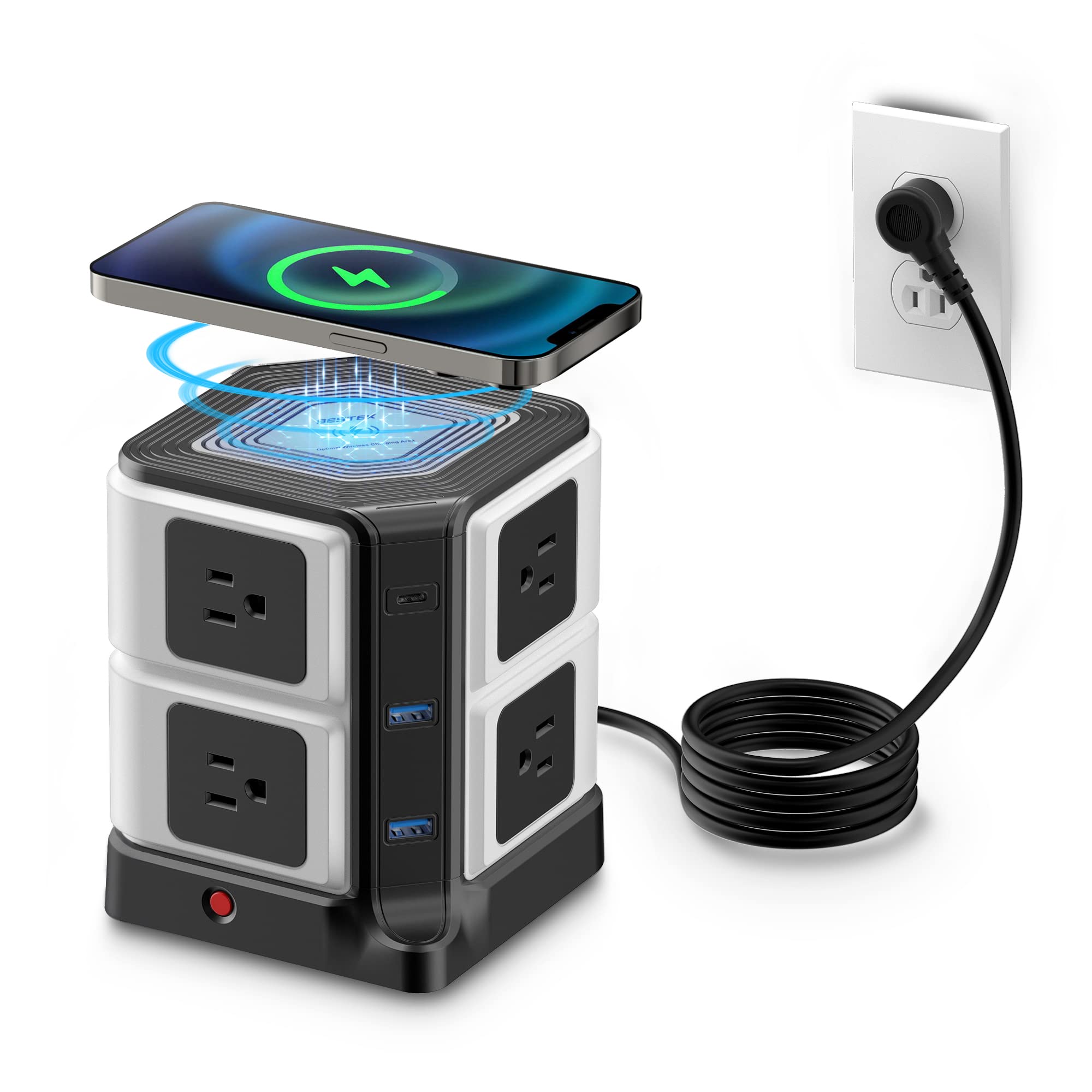 PD 20W USB C Power Strip with Wireless Charger BESTEK 8-Outlet Surge Protector and 30W 3-Port USB Charging Dock Station,4000 Joules,ETL Listed,Dorm Room Accessories (8AC+3USB+Wireless Charger-Black)