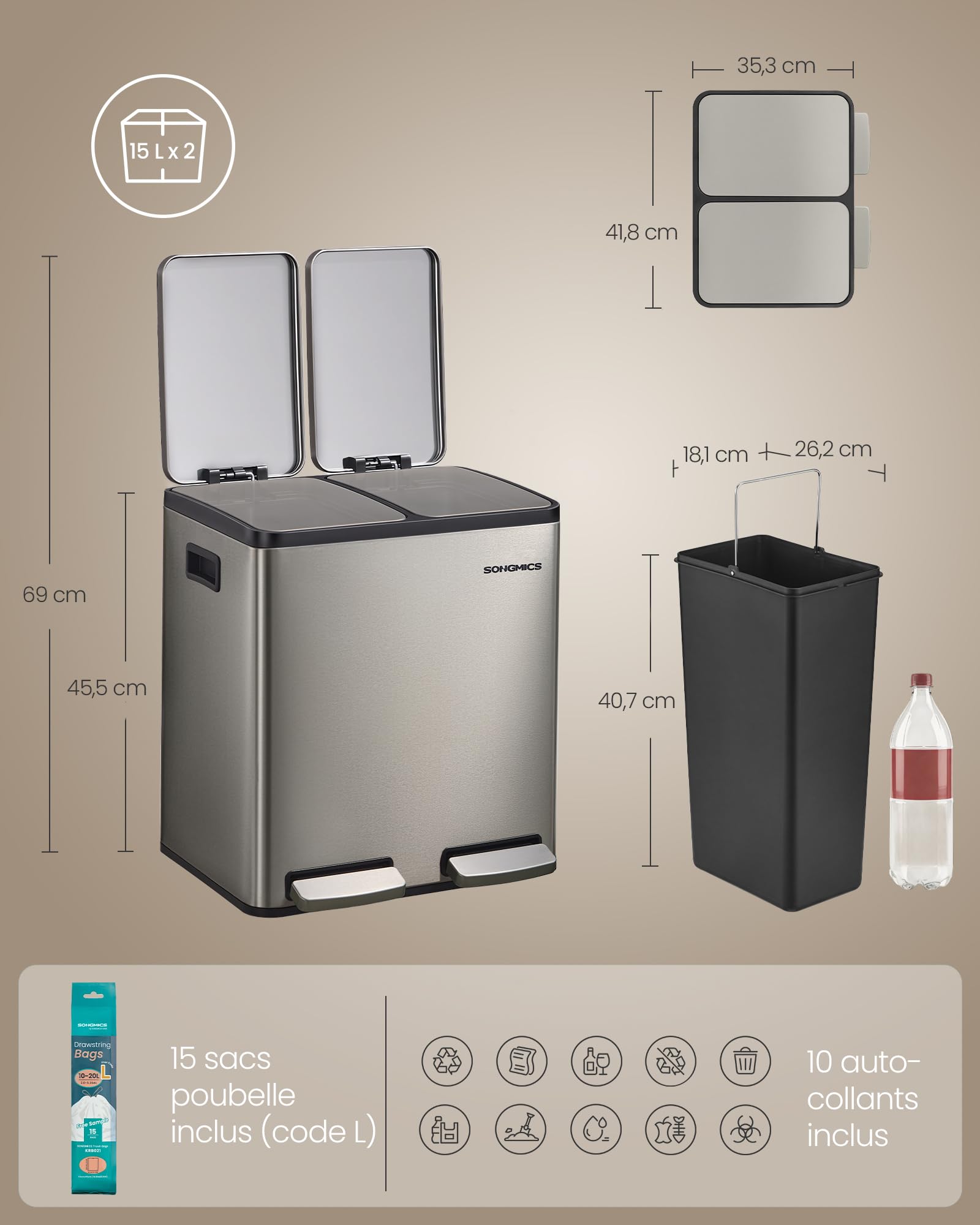 SONGMICS Poubelle de Cuisine 2 x 15 L, Corbeille de Tri 2 Compartiments, avec 15 Sacs Poubelle, Seaux Amovibles, avec Couvercle, Poignées, Fermeture en Douceur, en Acier Inoxydable, Argent LTB130EZ01