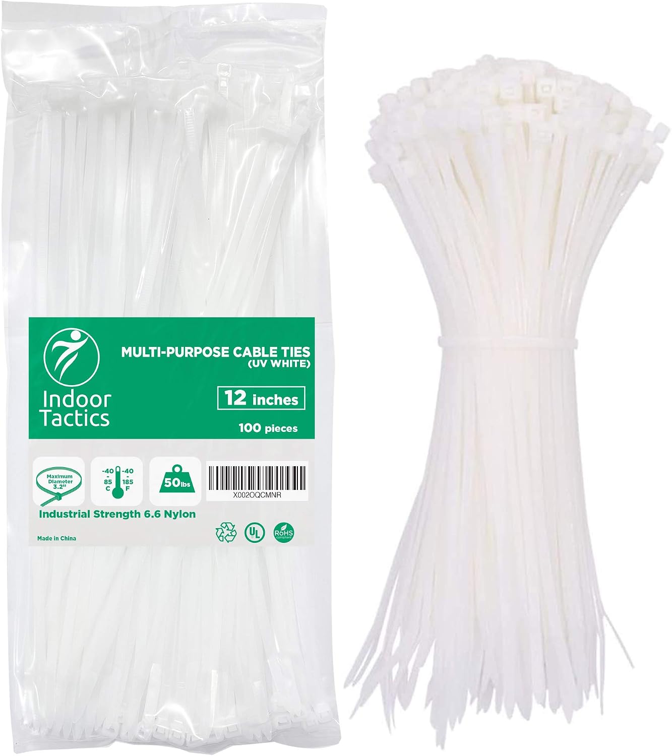 Heavy Duty Premium Nylon White Zip Ties 12", Indoor or Outdoor, Multi Purpose Industrial Grade Cable ties, Ultra Strong and Durable Wire Ties (100 Pack)