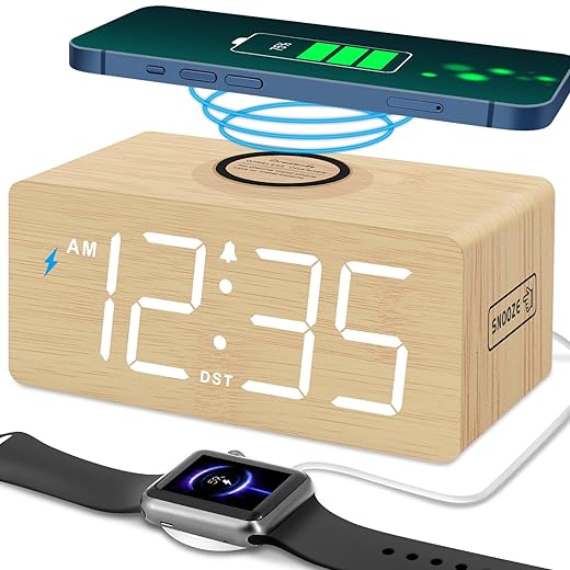 Dream Sky Wooden Digital Alarm Clock with Wireless Charging for Bedroom, Bedside Nightstand Clock