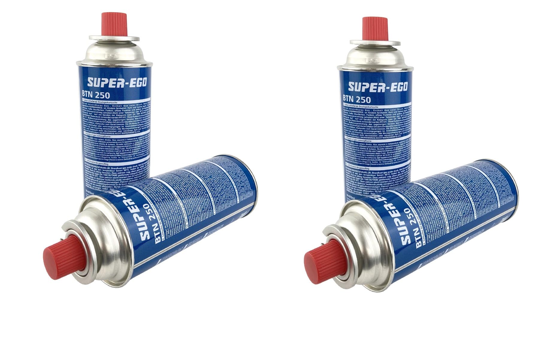 Pack de 4 und Super-Ego BTN 250 Cartucho de Gas Butano, 227g, Compatible Universal, Diseño Compacto