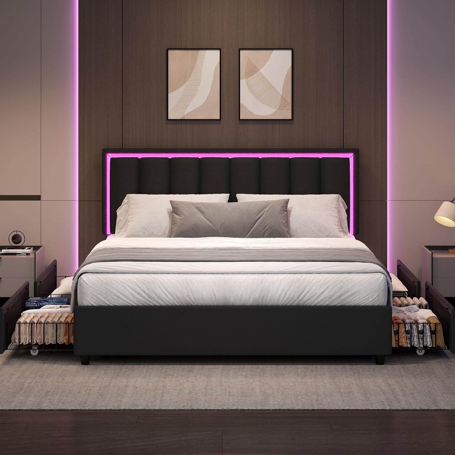 Bed Frame Queen Size with 4 Drawers, Queen Size Bed Frame with LED Lights, Upholstered Queen Bed Frame with Headboard, No Box Spring Needed, Noise-Free, Easy Assembly, Black