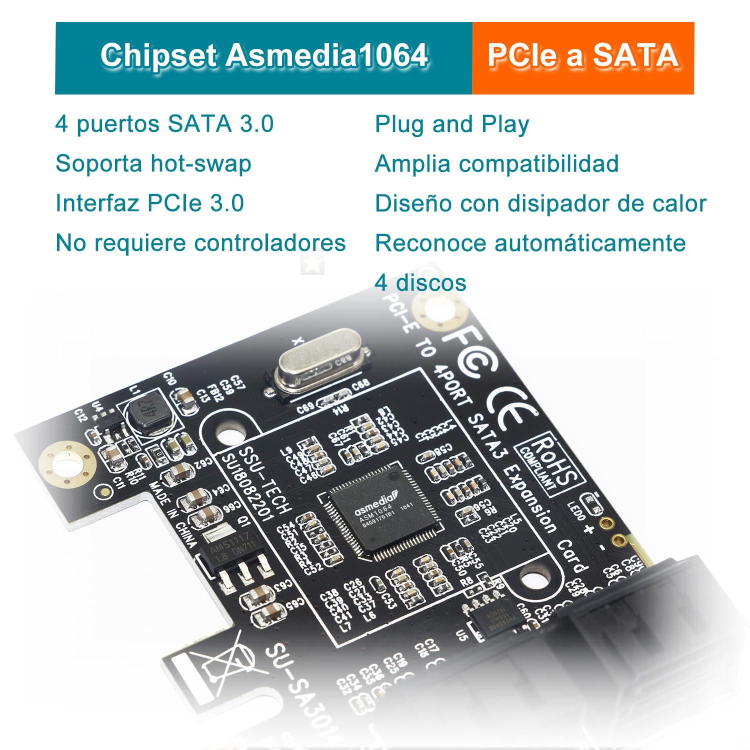 Tarjeta SATA de 4 puertos PCIe 3.0, sin conexión, Bootable - Plug & Play - Añade 4 unidades SATA III de 6 Gbps a tu PC - Chip ASM1064 - Incluye cables y soporte bajo perfil