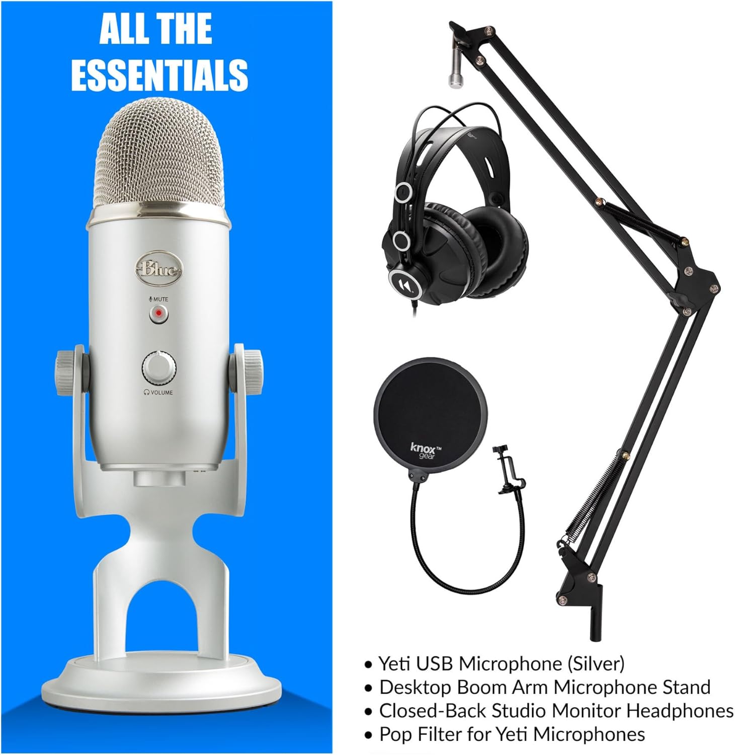 Blue Microphones Yeti USB Microphone (Silver) Bundle with TX-100 Headphones, Boom Arm and Pop Filter (4 Items)