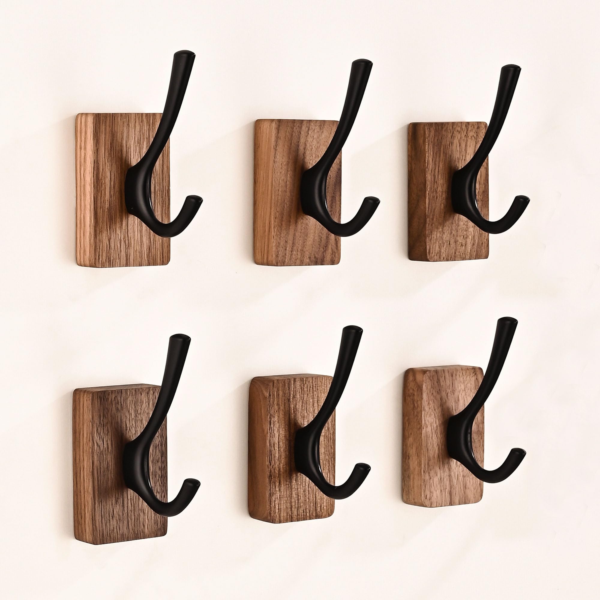LECHYN 6 Pack Walnut Wood Wall Coat Hooks for Hanging, Adhesive Mounted & Wall Mount Heavy Duty Decorative Wooden Double Hook hanger for Towel Backpack Hat Jacket Clothes Blanket Purse Closet Robe Key