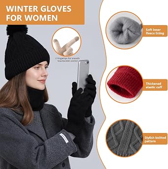 Winter Beanie Hat Circle Scarves Touchscreen Gloves Set, Valentines Day Gifts for Her Gloves Neck Warmer for Women