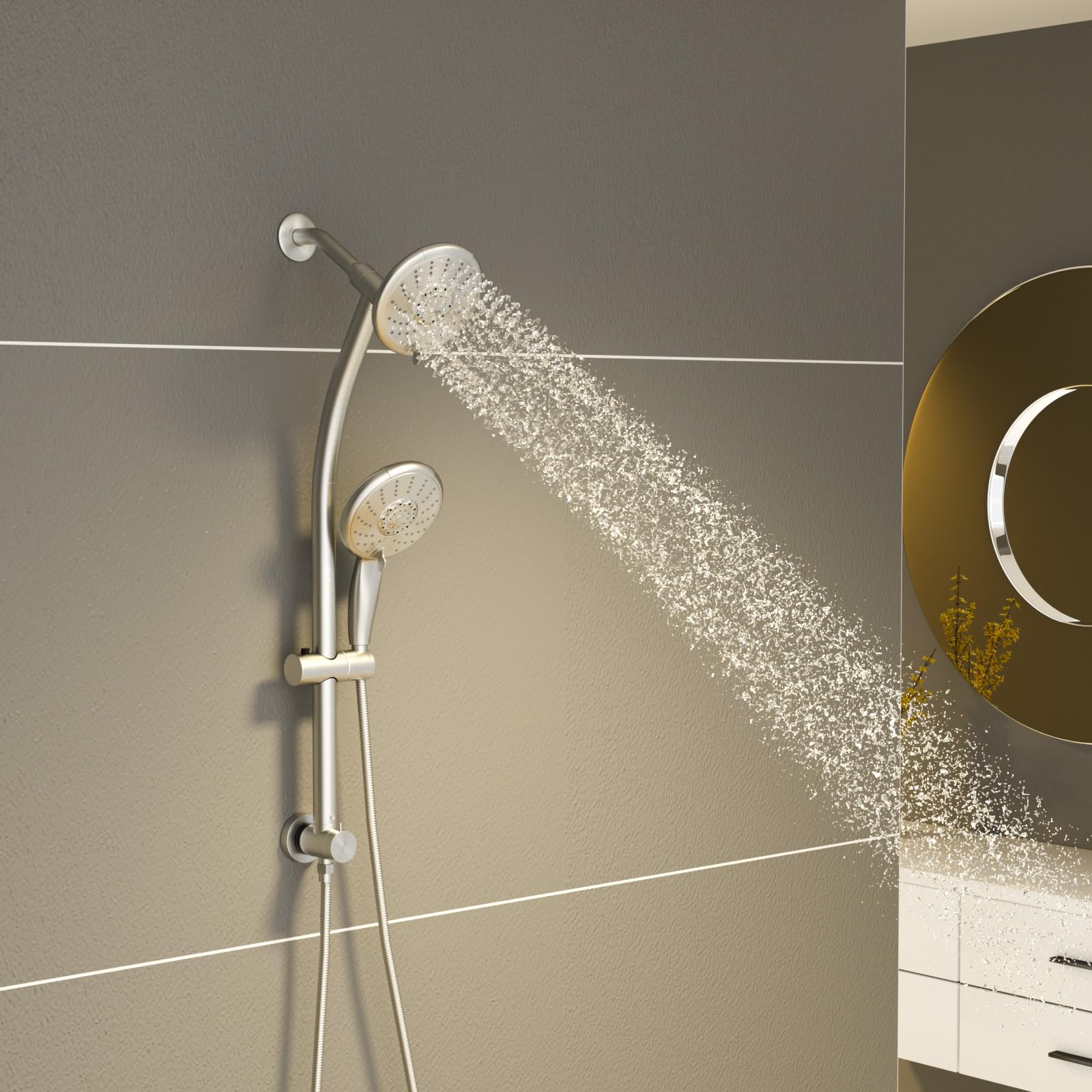 Sarlai Shower Riser Kit,High Pressure 5 Spray Jet Modes Shower Head,5 inch Hower Head and Hose 2-Way Diverter,Suitable for Bathrooms,Brushed Nickel - Image 2