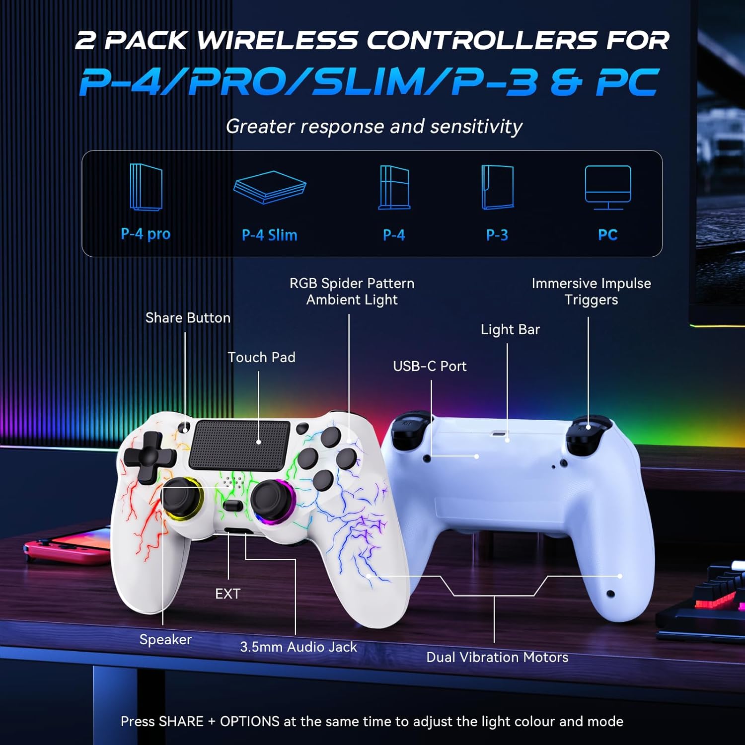 GamingBoy 2 Pack Wireless Controller for PS4, LED Controller for Ps4/Slim/Pro/PC with Adjustable RGB Light-up,Hall Effect Joystick,Dual Vibration,6-Axis Gyro,1000mAh Battery,USB C Port- White - Image 5