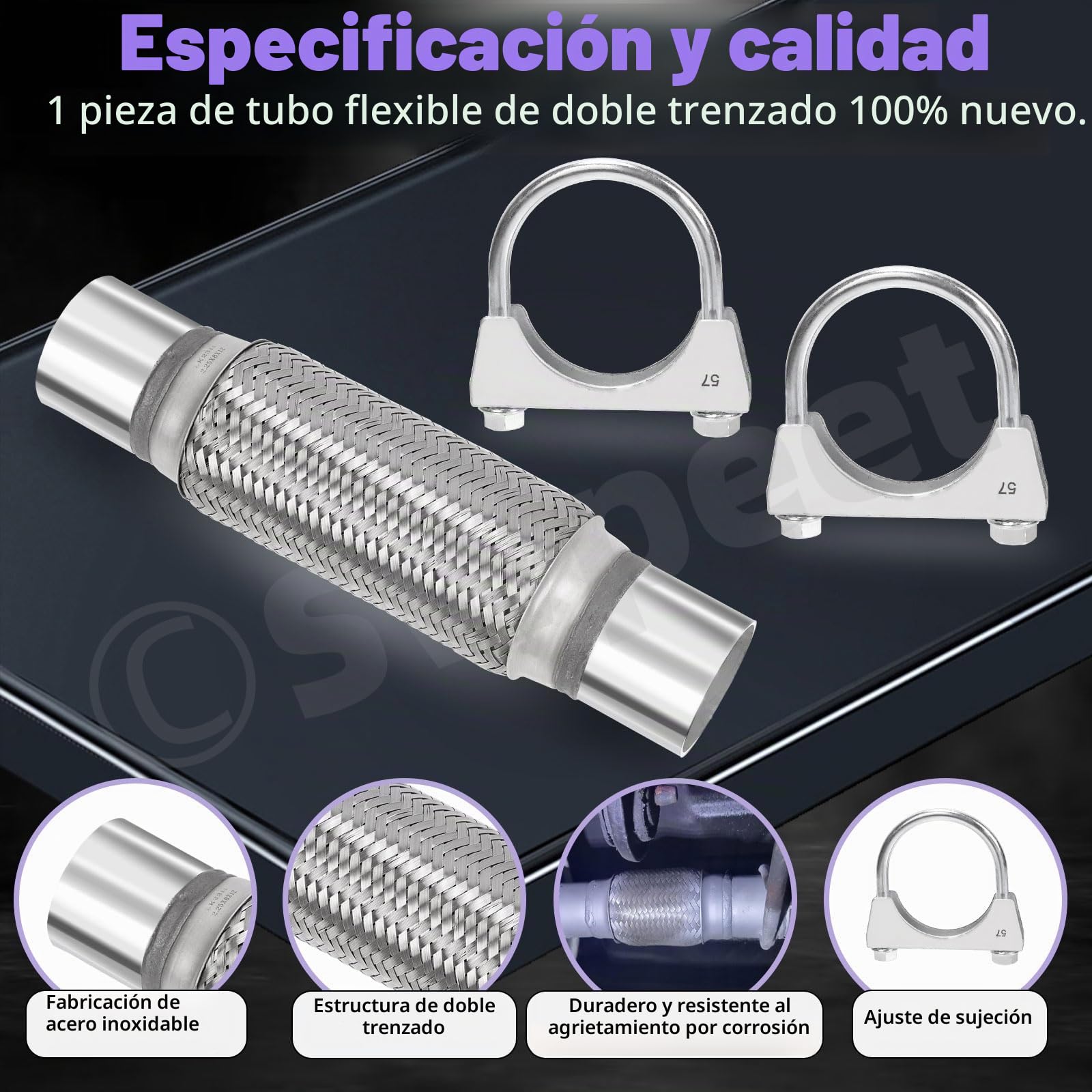 Swpeet 3 piezas tubo flexible de escape de 2,5 x 6 pulgadas con kit de abrazadera en U de escape de 2,5 pulgadas, tipo universal de acero inoxidable de doble trenza, tubo flexible de escape ideal para