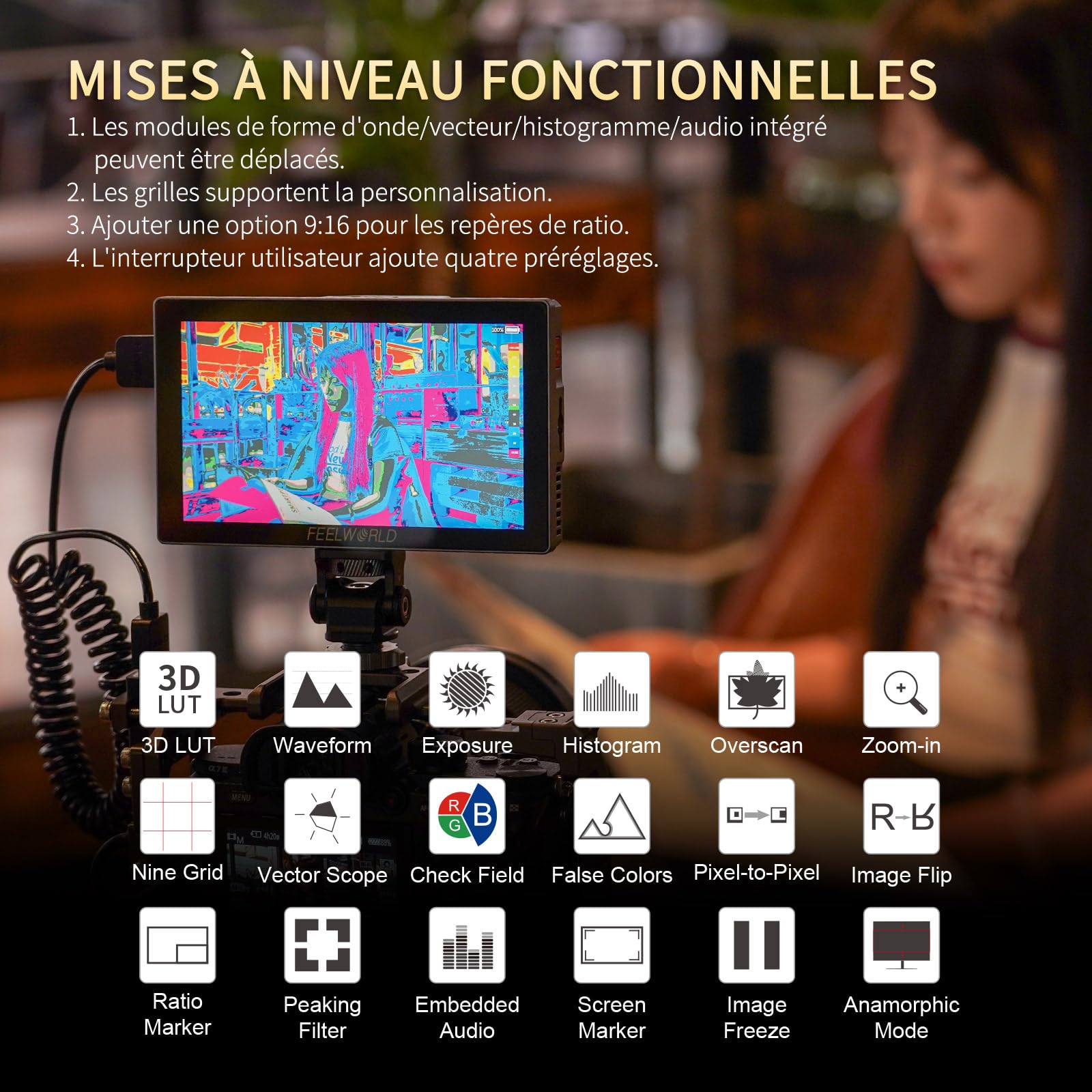 FEELWORLD P6X Moniteur Caméra Écran Tactile 5.5 Pouces 1000Nit Moniteur de Champ de caméra avec 4K 60HZ 3DLUT HDR Forme d'onde Boîtier Aluminium 9:16 Marqueur,Inclut Batterie et Sac