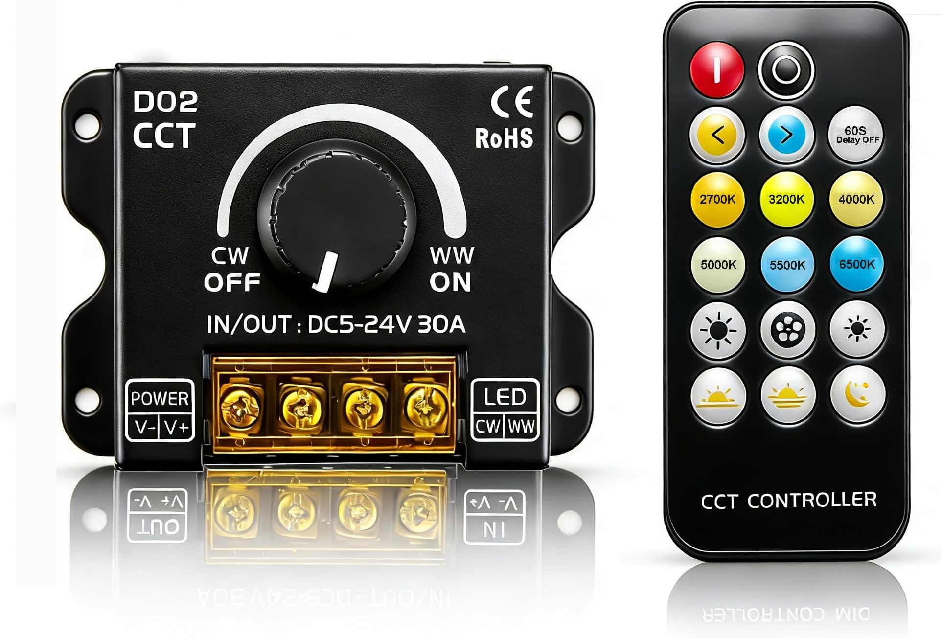 CCT LED Controller, DC 5V-12V-24V 30A RF Wireless Dimmer Rotary Button and 17 Key Remote Control, PWM Dimmable Brightness Adjust LED Strip Light Controller for CCT LED Strip Lights