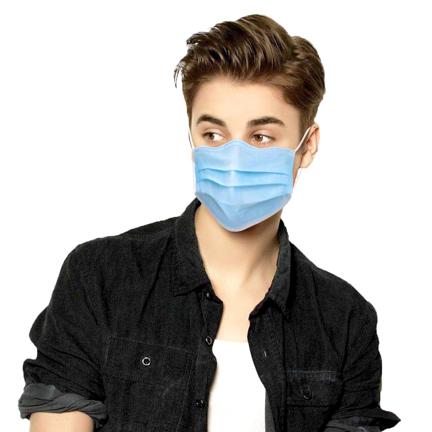 DXLOVER 3 Pleat Face Masks, Breathable 50pcs Face Mouth Cover Mask, Blue Elastic Ear Hook, Face Masks FBA