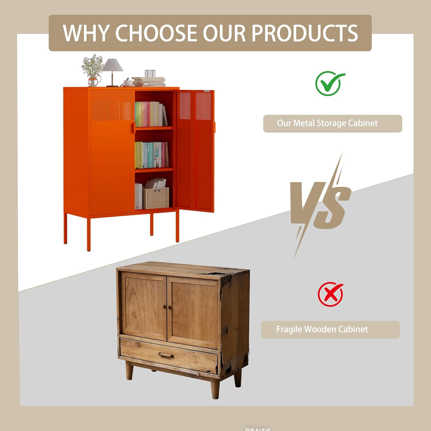 3-Tier Metal Storage Cabinet with 2 Adjustable Shelves, 2 Mesh Door Metal Locker Accent Cabinet with Legs, Orange Storage Cabinets, Metal Tv Stand Cabinet for Home, Office, Entryway & Hallway