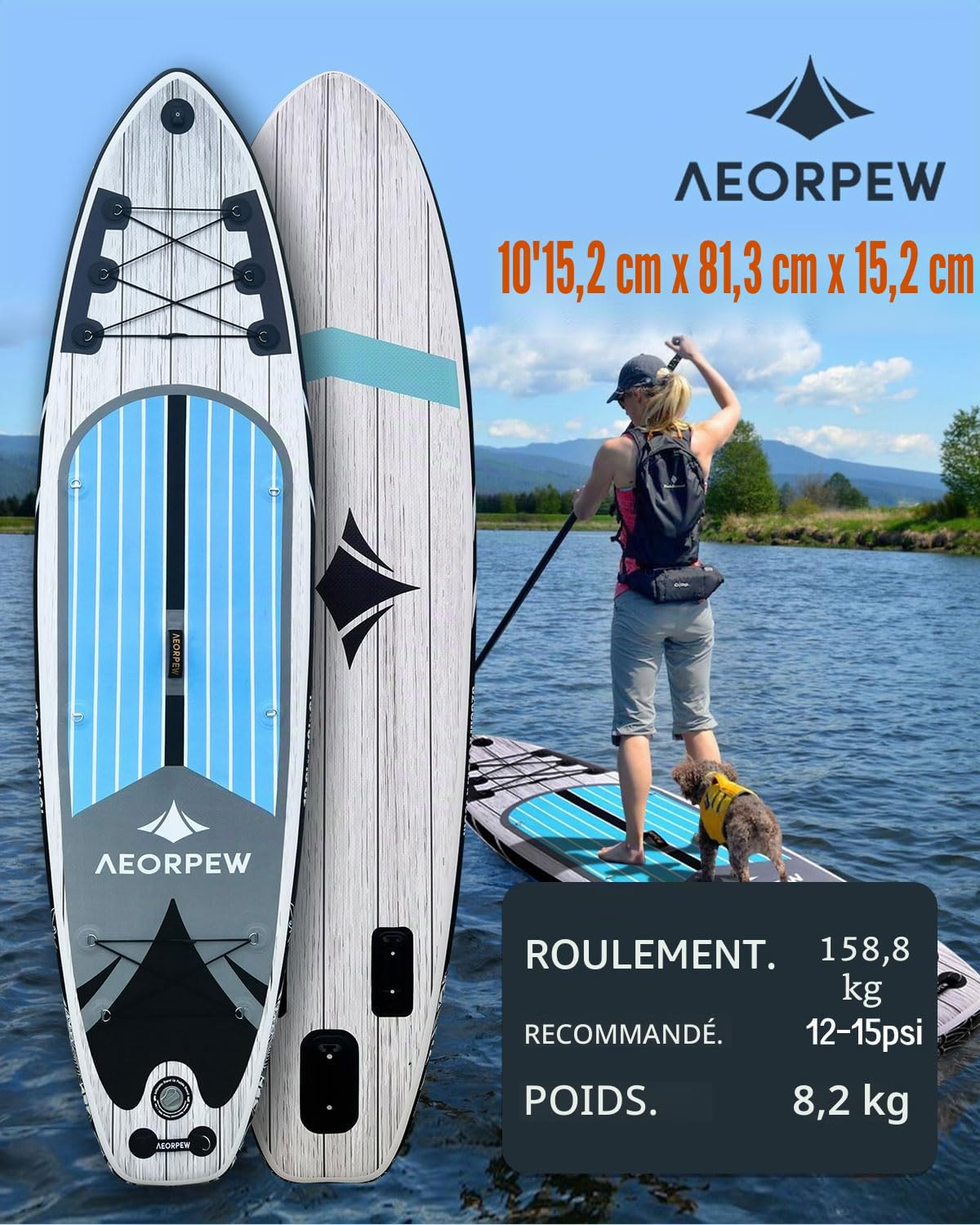 Planche à pagaie gonflable de 3,2 m pour adultes, planche à pagaie de 81,3 cm de large avec accessoires de planche à pagaie de qualité supérieure avec pont antidérapant, pompe à main, pagaie