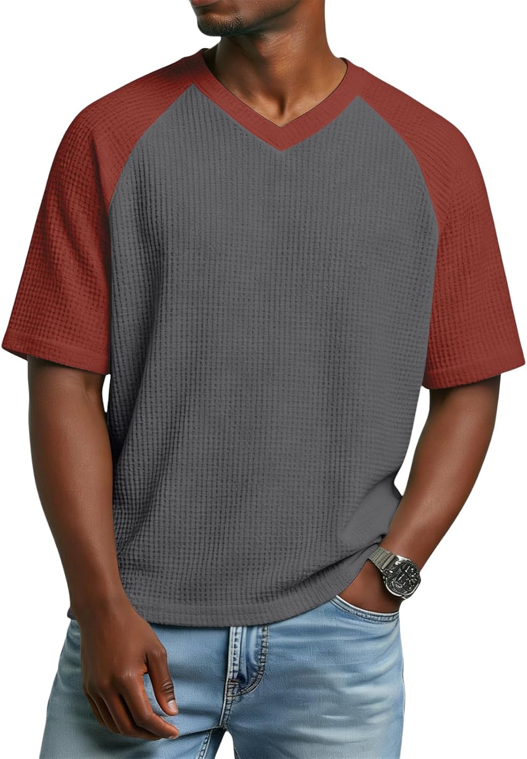 Men's Waffle Knit Shirts, Summer Short Sleeve V Neck T-Shirts Contrast Casual Basic Tees, S-5XL