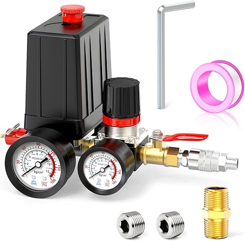 MEANLIN MEASURE Válvula de control del interruptor de presión del compresor de aire 90-120 PSI 110V-240V Piezas de repuesto de 4 vías con regulador