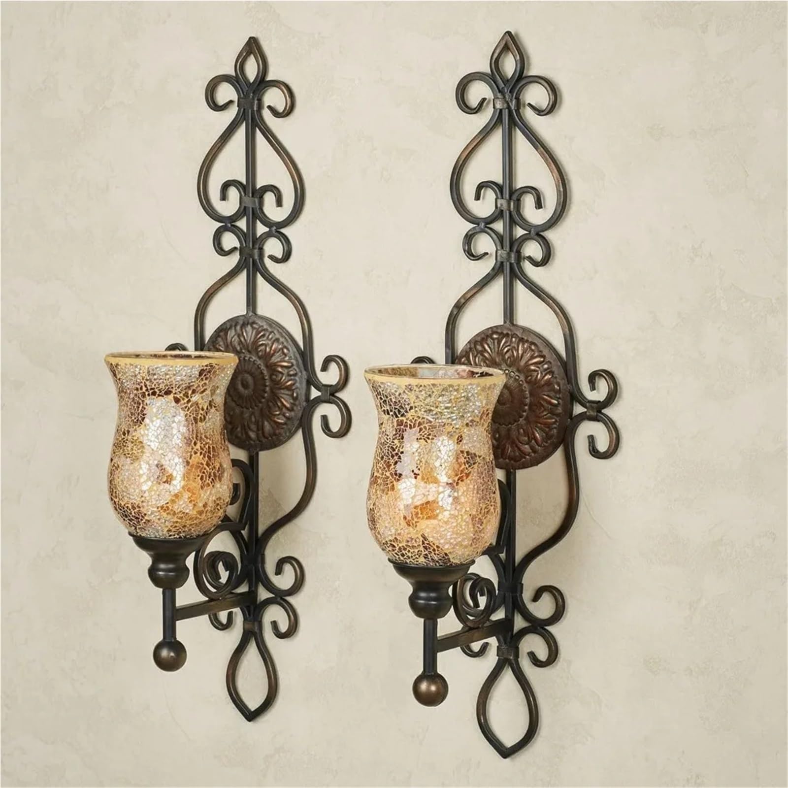 2 Stück Touch-Kerzenhalter aus Metall und Glas, Medaillen-Design, Metall-Wandkerzenhalter FüR Deko