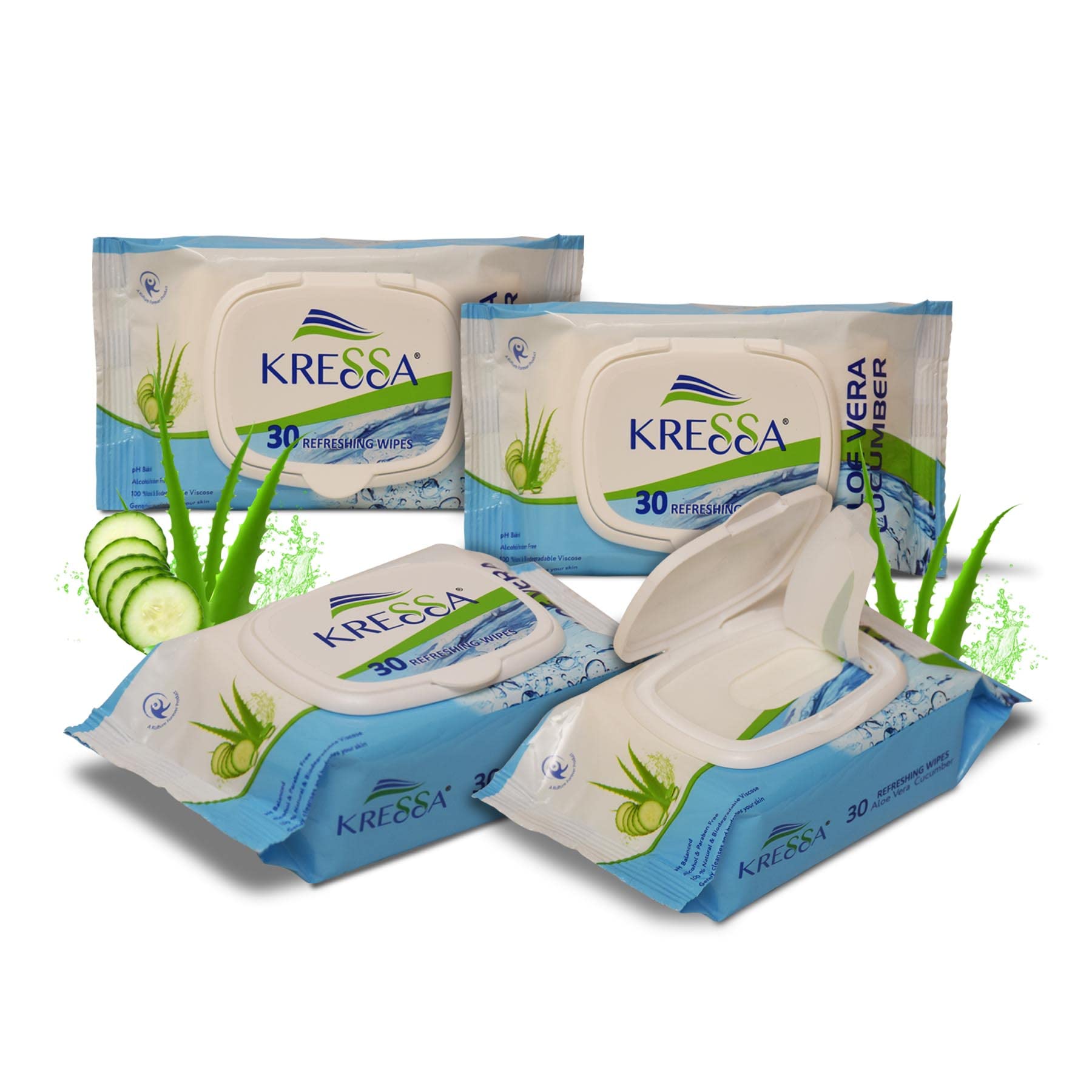 Kressa Wet Wipes Aloe Vera Cucumber Pack Of 4 Total 120 Wipes Alcohol & Paraben Free 100% Natural & Biodegradable