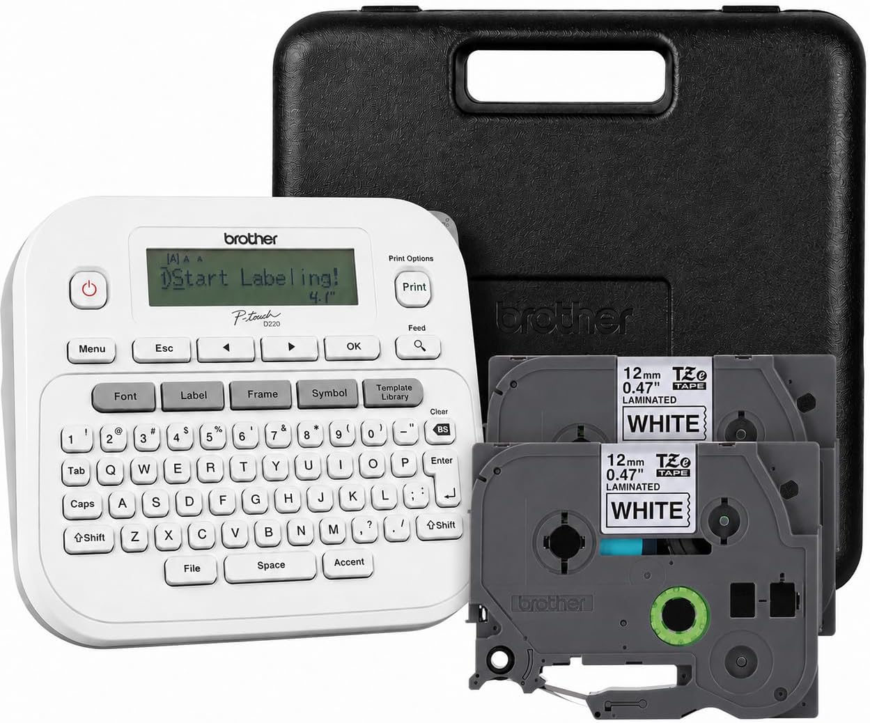 Brother P-Touch PTD220 Portable Label Maker Bundle for Home & Office Organization with Carry Case and TZe-231 Black on White Laminated Tape (2-Pack)