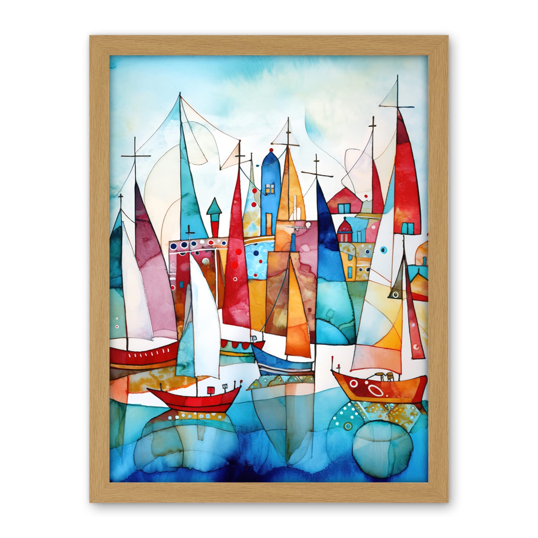 Artery8 Harbour Boats Abstract Folk Art Watercolour Painting Artwork Framed Wall Art Print 18X24 Inch