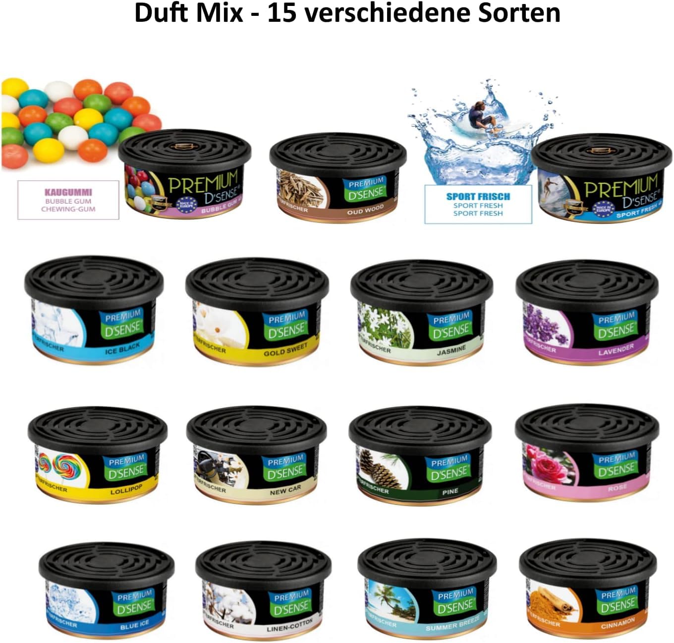 h2i Premium Duftdose | Mix | 15 Stück | +/- 60 Tage | Auto Lufterfrischer und Duftspender für Camping Büro & Zuhause | frischer Duft mit Mengenregulierung | a | passend für Getränkehalter