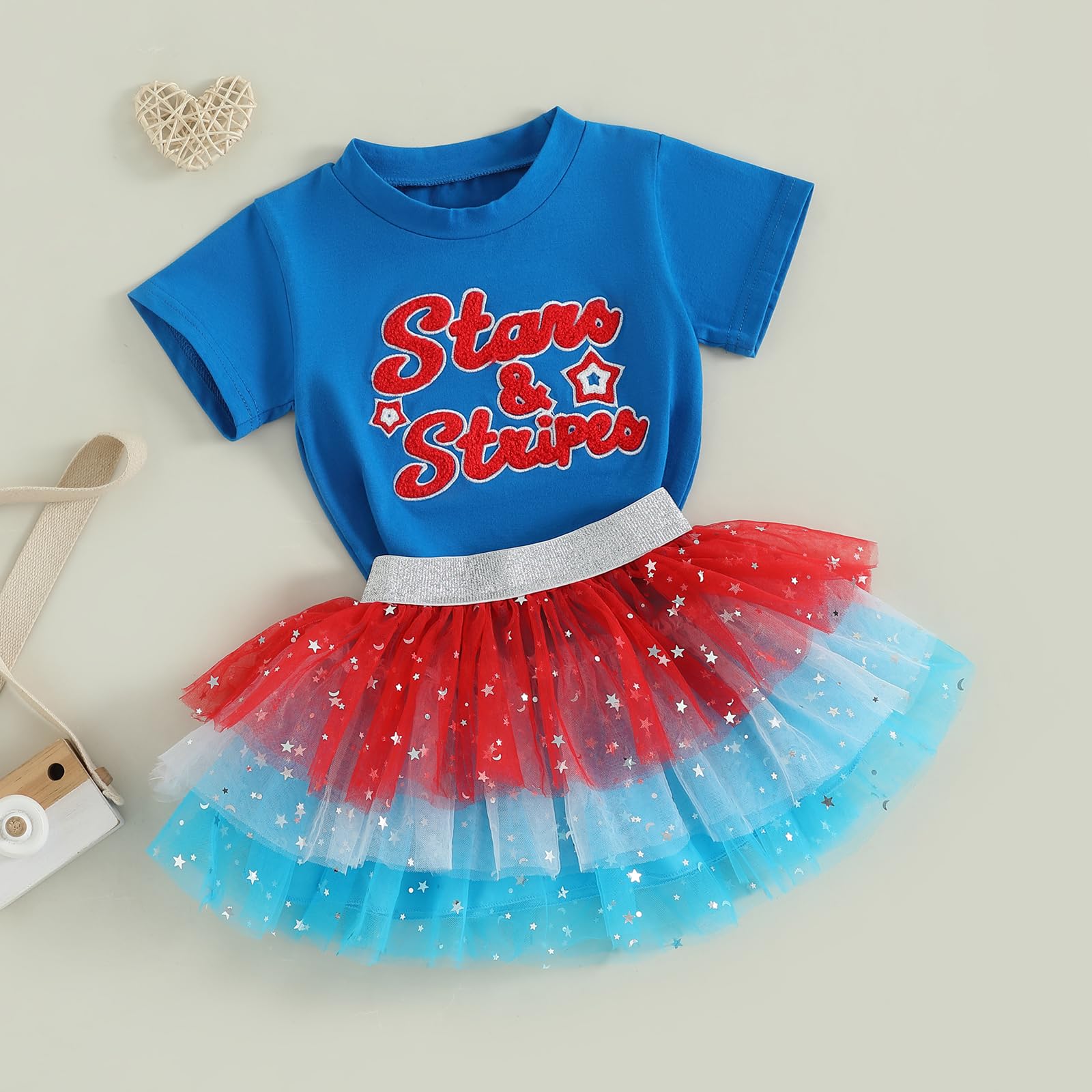 Doqcey Toddler Baby Girl 4th of July Outfit Letters Embroidery Short Sleeve T Shirt Star Tulle Tutu Skirt Set Summer Clothes (Blue, 3-4T)