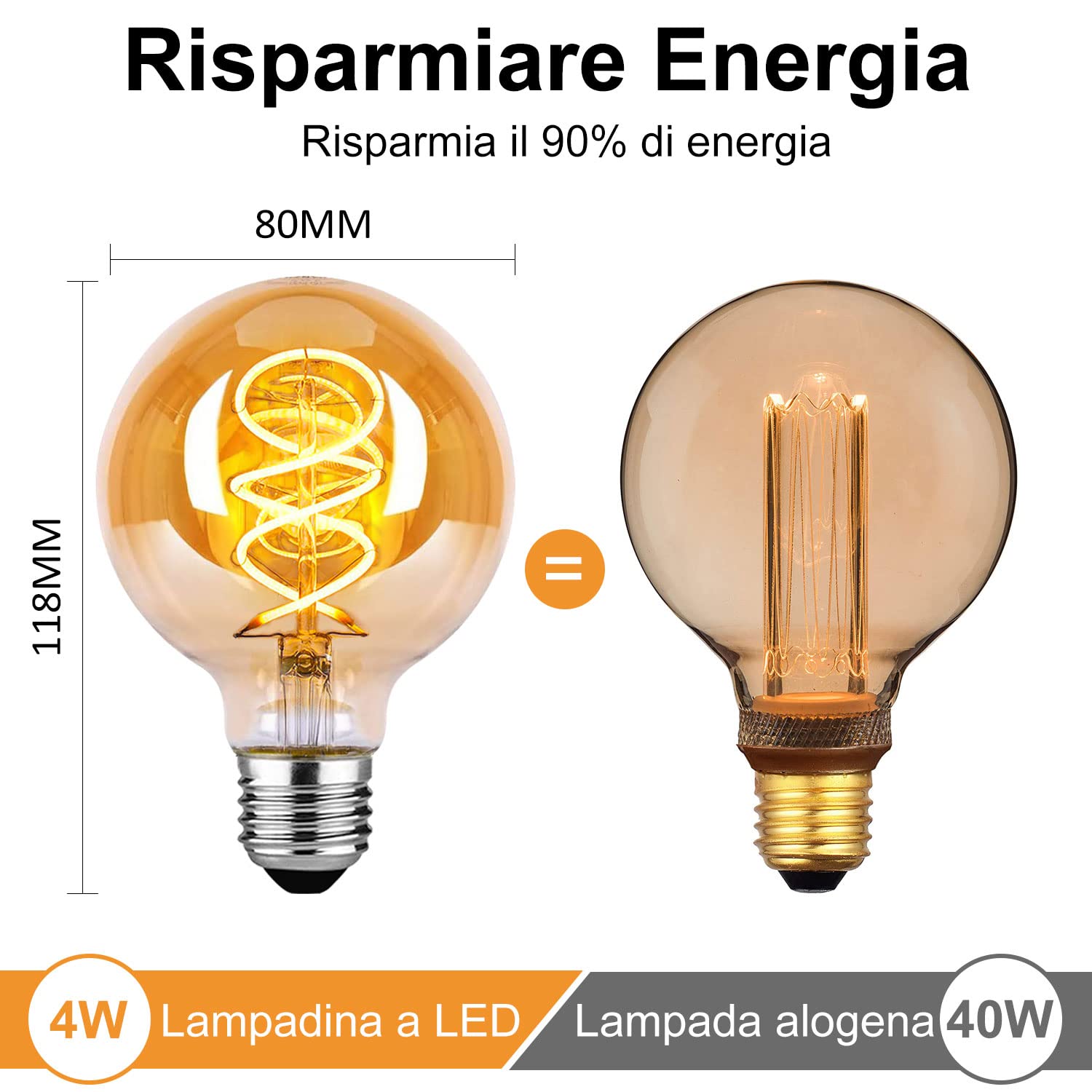Lampadina LED E27, Dimmerabile Lampadina Vintage E27 4W (Equivalente a 40W) G80 φ80mm Edison Lampadine LED Luce Calda 2700K - Ambra, Pacco da 6