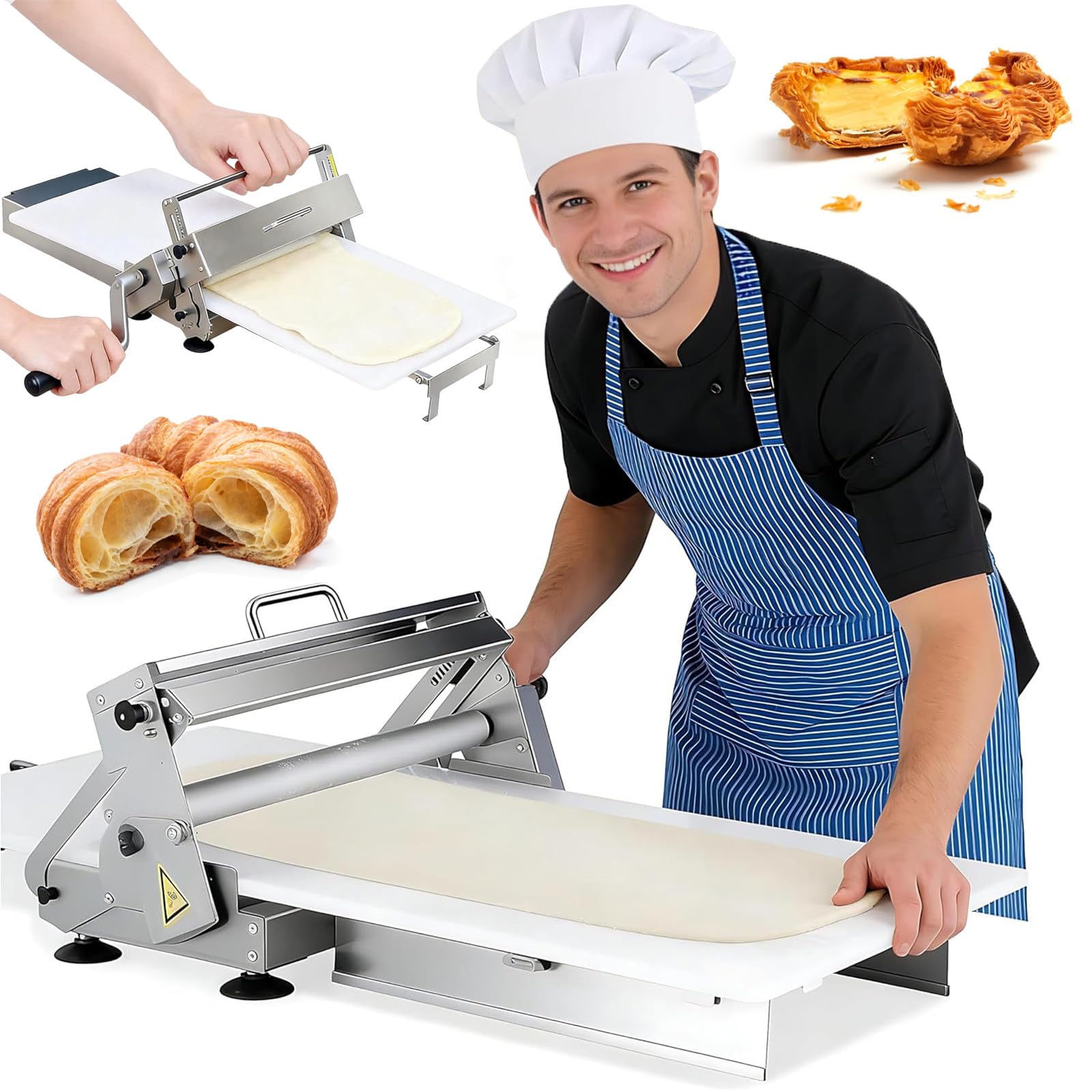 Laminoir à Pâte Manuel en Acier Inoxydable, Idéal pour La Maison, pour Croissants et Pâte Feuilletée. épaisseur Réglable de 0 à 25 mm A400