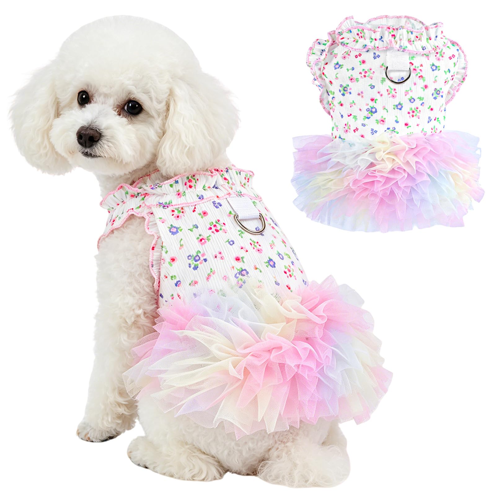 Yoolhamy Floral Tulle Dress for Small Dog Cat Summer Princess Puppy Clothes with D-Ring Ruffle Mesh Tutu Pet Skirt for Teddy Bichon Chihuahua (Pink, XL)