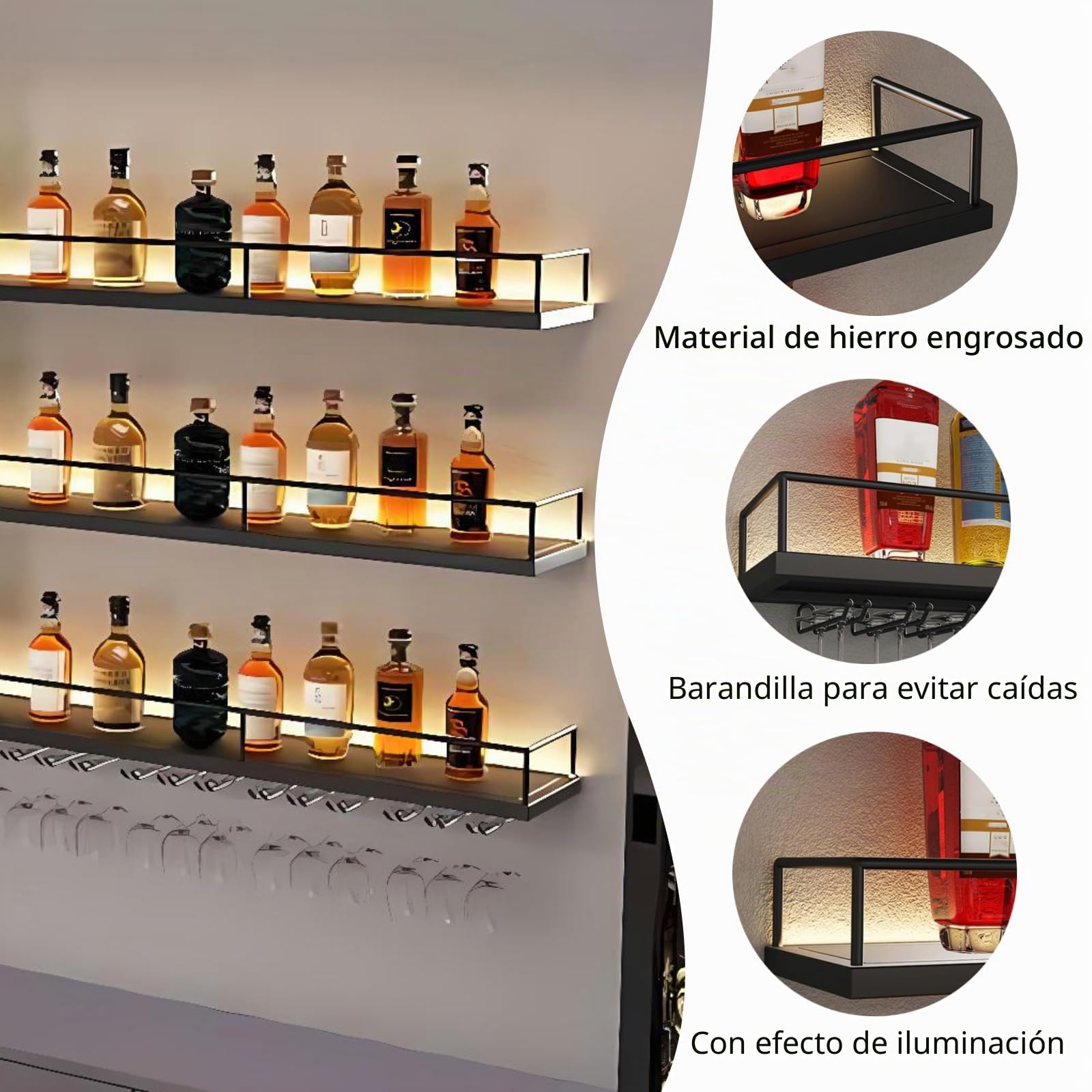 Estante de Vino montado en la Pared con luz, Barra Flotante Estante de Exhibición de Botellas de Vino con Soporte para Copas de Soporte, Vino de Hierro para El Hogar, Bar (Gold, 140cm)
