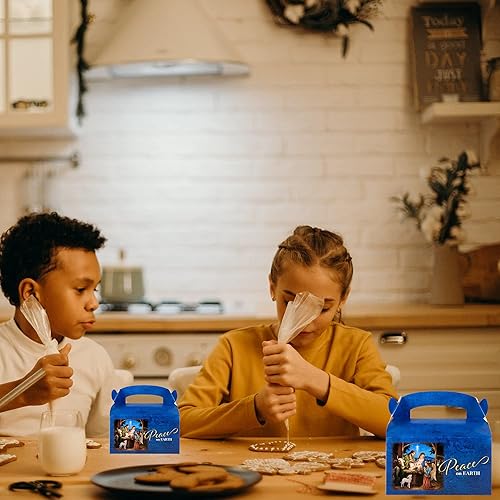 Miniatura 4 de Needzo Peace on Earth - Cajas de cartón a dos aguas para dulces y golosinas navideñas con asas, caja de regalo de galletas de Navidad con belén y