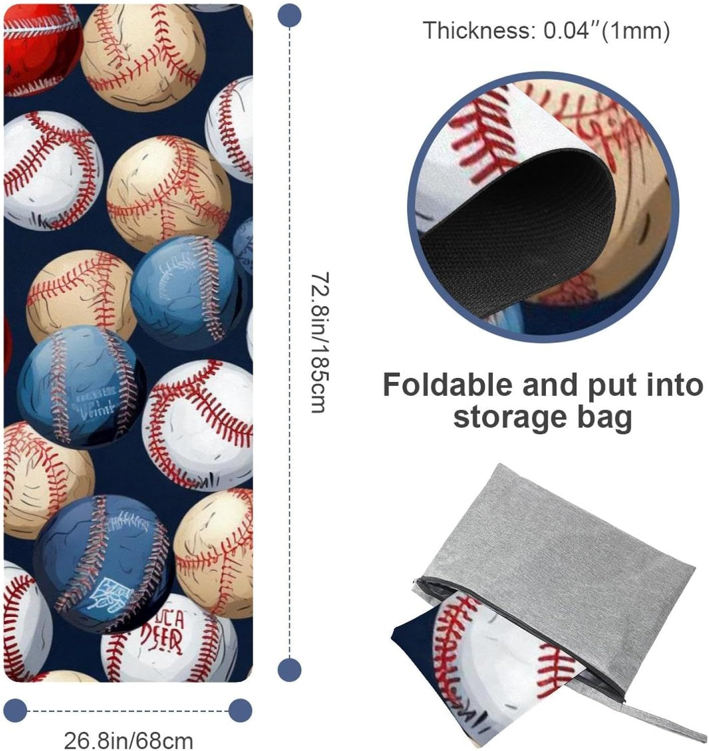 Yoga Towel, Baseball Pattern Non Slip Sweat Absorbent Hot Yoga Mat Towel for Hot Yoga, Pilates and Fitness - 72.8" x 26.8"