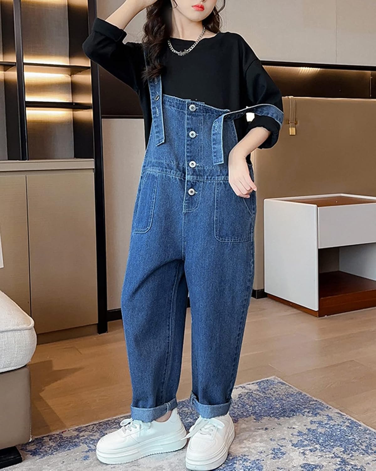 Kids Girls Denim Dungarees Casual Denim Bib Overalls Jumpsuits with Pockets for Spring & Autumn