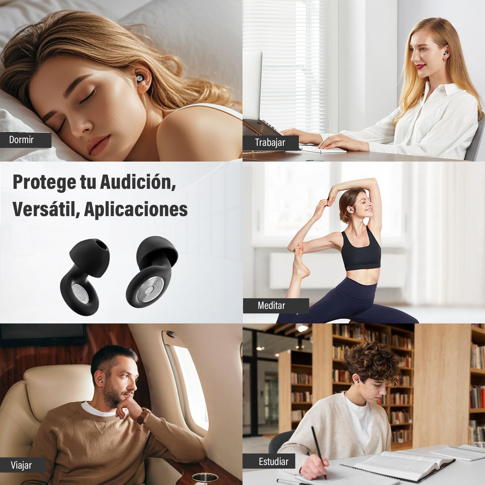 Tapones oidos ruido dormir, 2026 Nuevo 45 dB tapones oidos cancelacion de ruido Reutilizables, para estudiar, viajar, concentrarse, Protección Auditiva, con 8 Puntas(XS/S/M/L) y Estuche - Negro