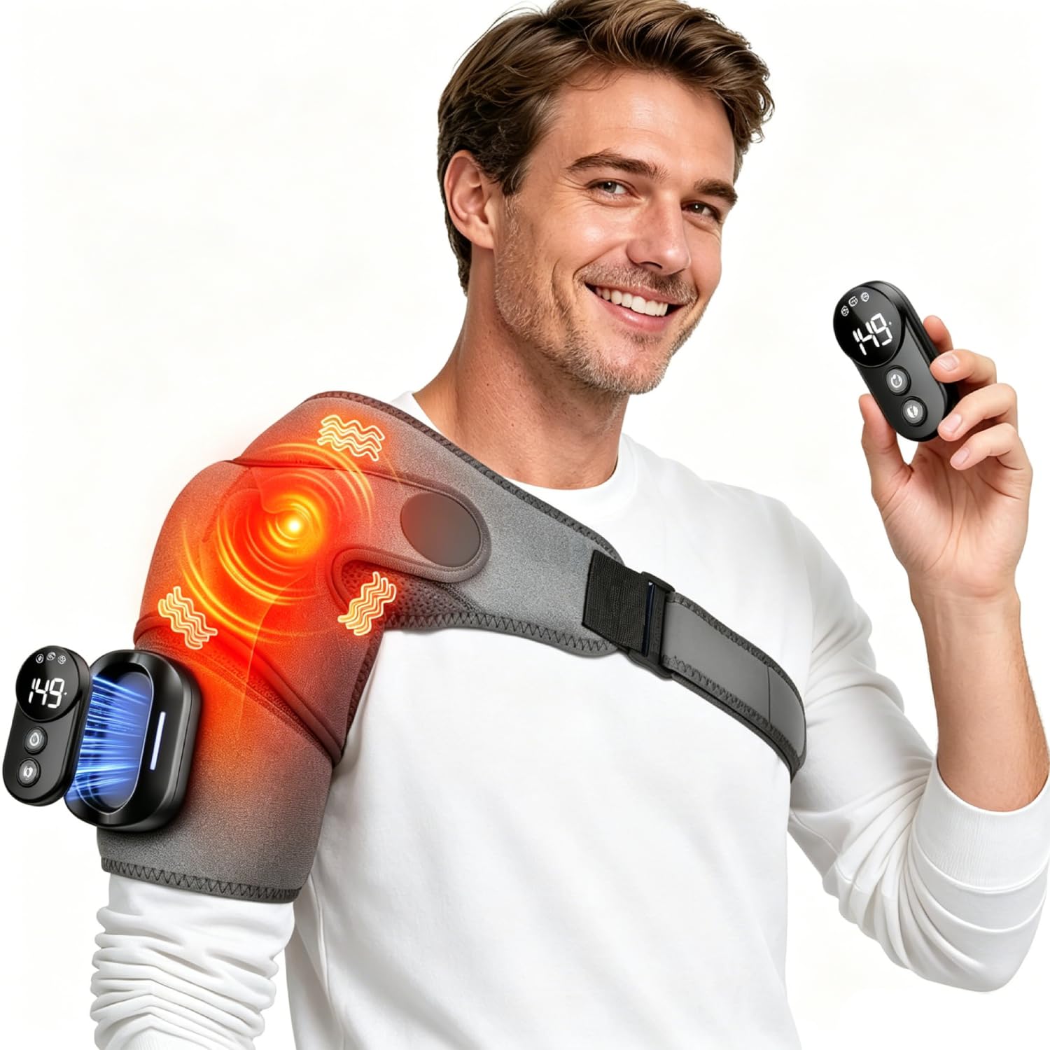3-in-1 Schultermassager, Kabellose Beheizte Schultermassageauflage, 5 Einstellbare Wärme- & Vibrationsmodi, 5000mAh Schultermassagegerät mit Fernbedienung, 3-Gang-Timer, für Männer Frauen Geschenk