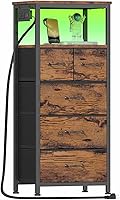 Vista 16 de Furnulem Cómoda para Dormitorio, Mesita de Noche Alta, Cajonera Vertical con Parte Superior de Madera, Estación de Carga, Luces LED, 5 Cajones