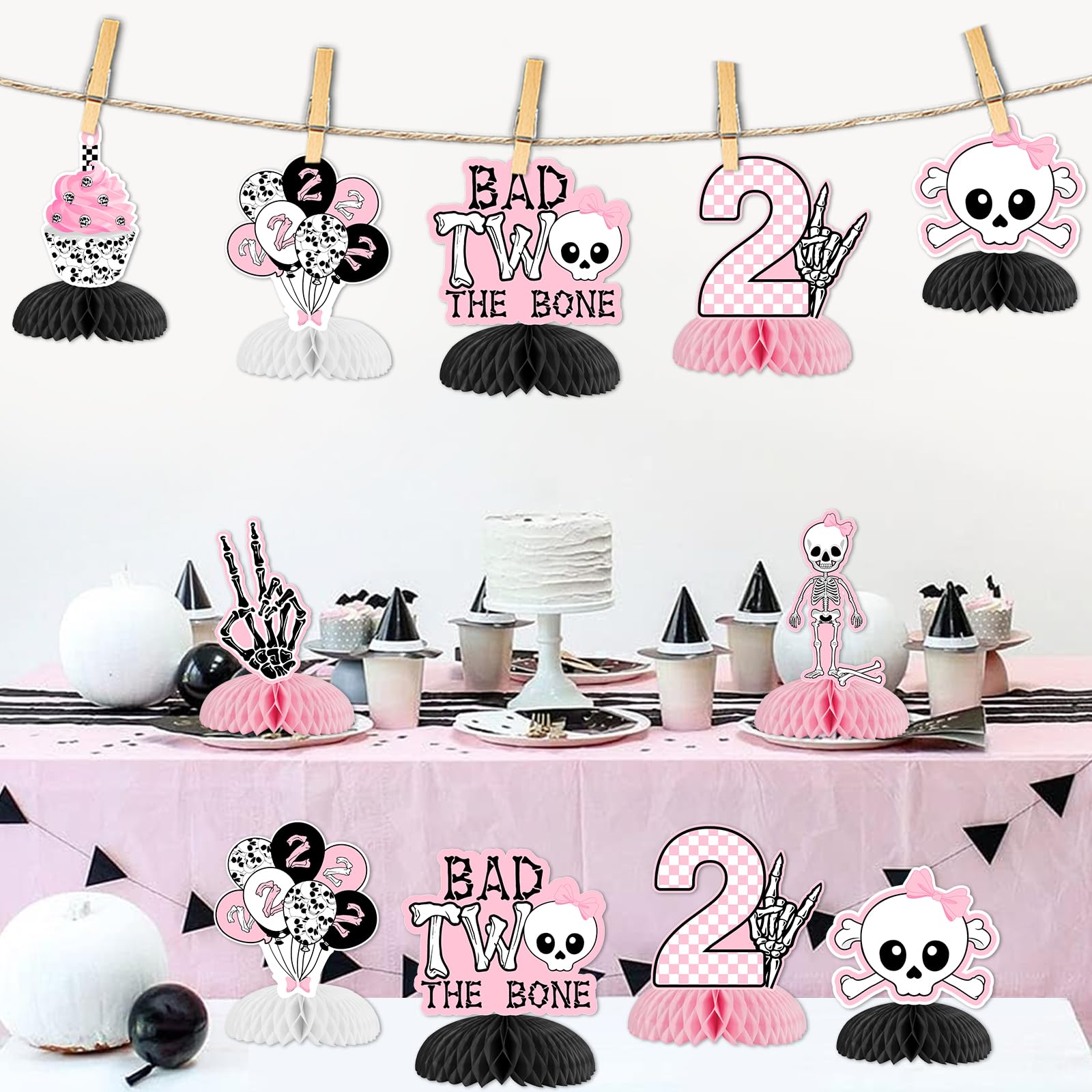 Jollyboom Bad 2 The Bone Party Decorations Girl, 8Pcs Rock Theme Honeycomb Centerpieces Double-sided Printing Table Decoration for Girl Rock Music 2 Year Old Birthday Born Two the Bone Party