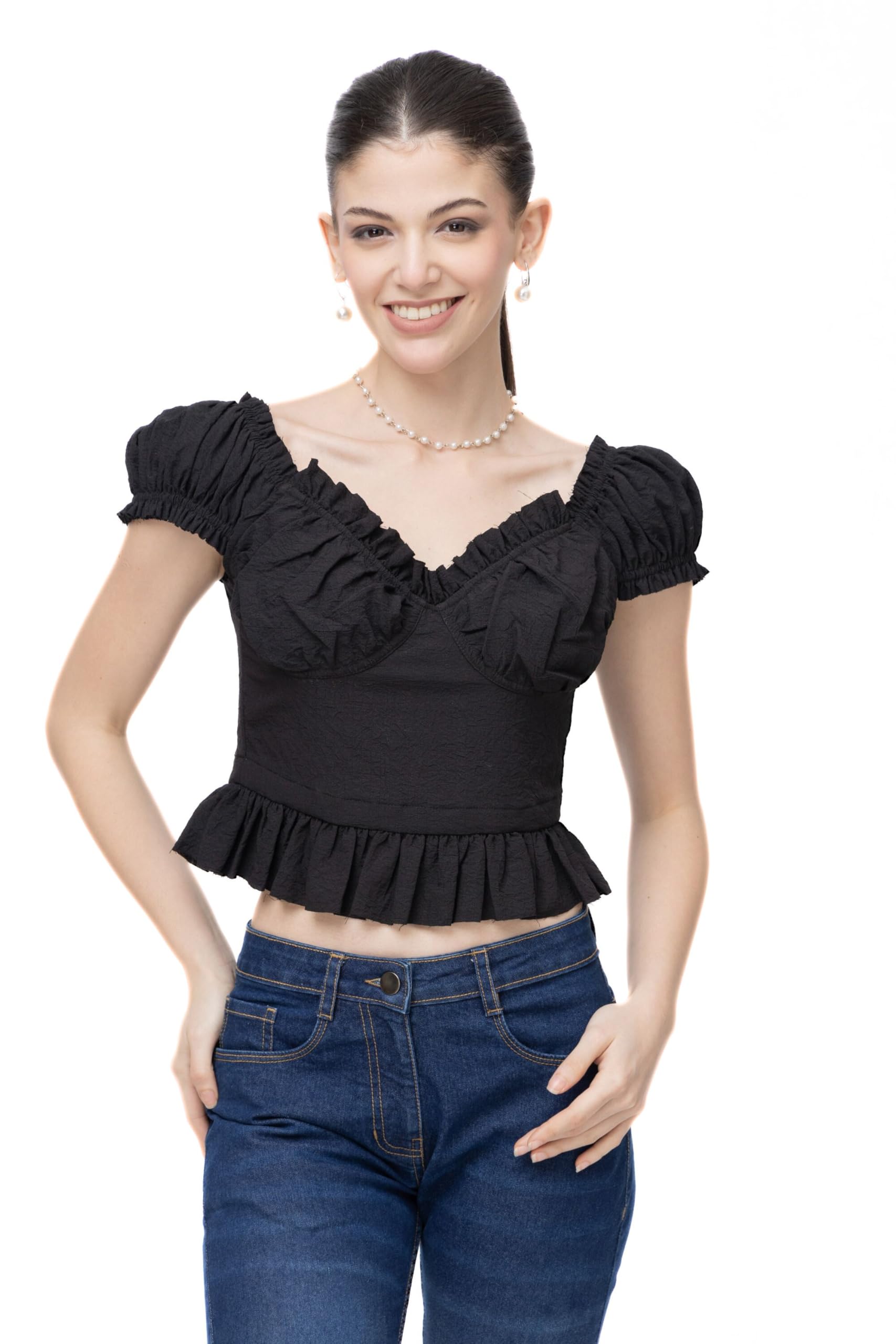 Women's Bustier Top with Puff Sleeves & Raw Edge Finish