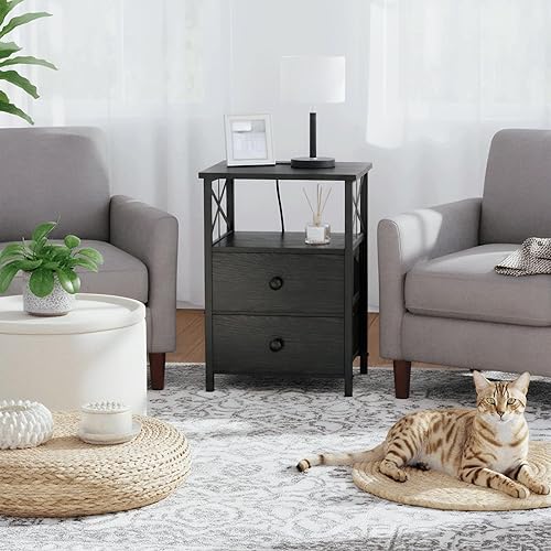 Miniatura 35 de AMHANCIBLE Mesa auxiliar para sala de estar con estación de carga, mesa auxiliar con cajón de tela, mesa auxiliar pequeña con puertos USB y salidas