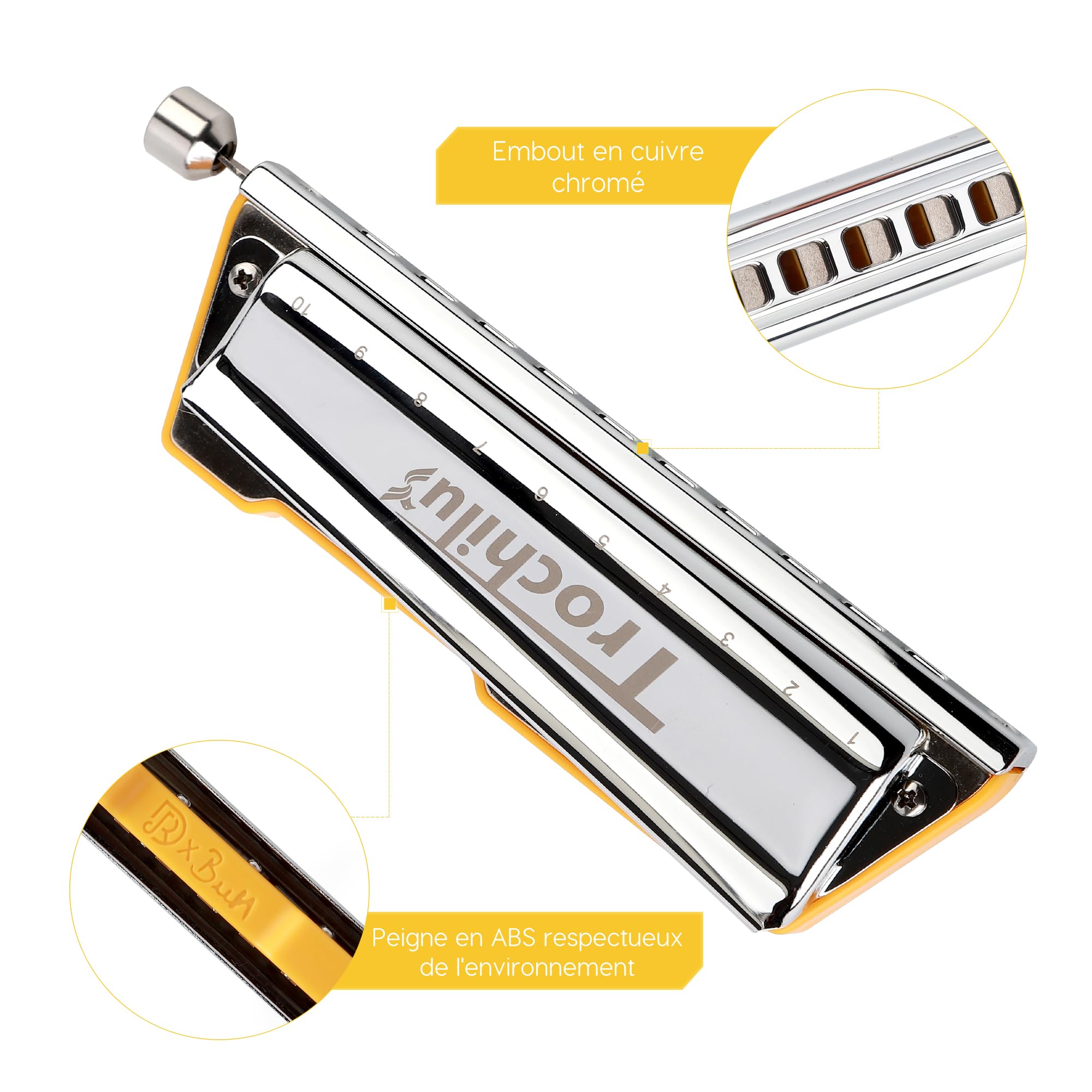 JDR Trochilus Harmonica Chromatique 10 Trous Chromonica Clé de C Armonica Harpe Sans Soufflet Orgue à Bouche avec Etui pour Adultes Professionnels Débutants (Chromatic/Solo Tuning Clé de C)