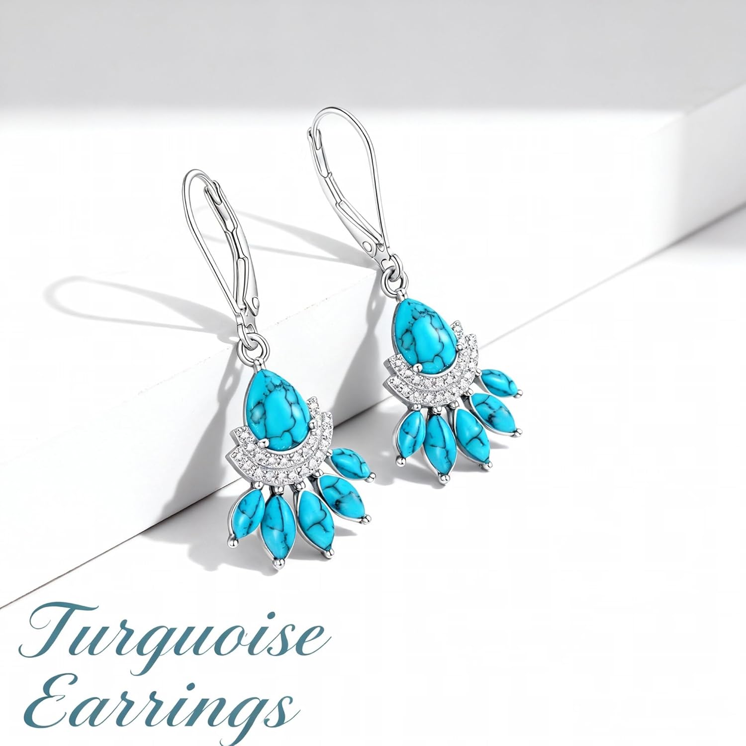 Turquoise Earrings for Women S925 Sterling Silver Turquoise Dangle Earrings Drop Western Boho Vintage Jewelry for Gift Leverback - Image 3