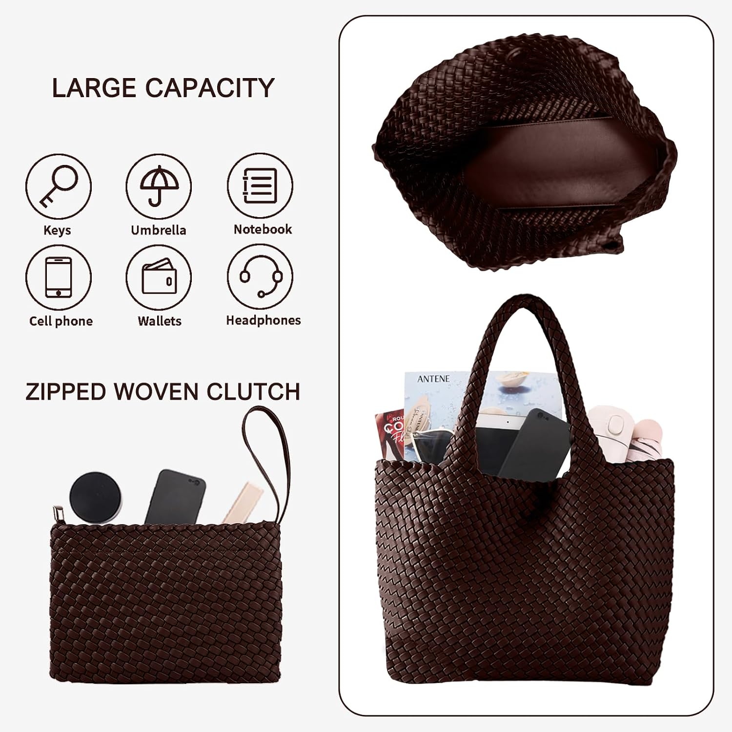 Woven Tote Bag for Women Vegan Leather Handwoven Bags with Small Purse