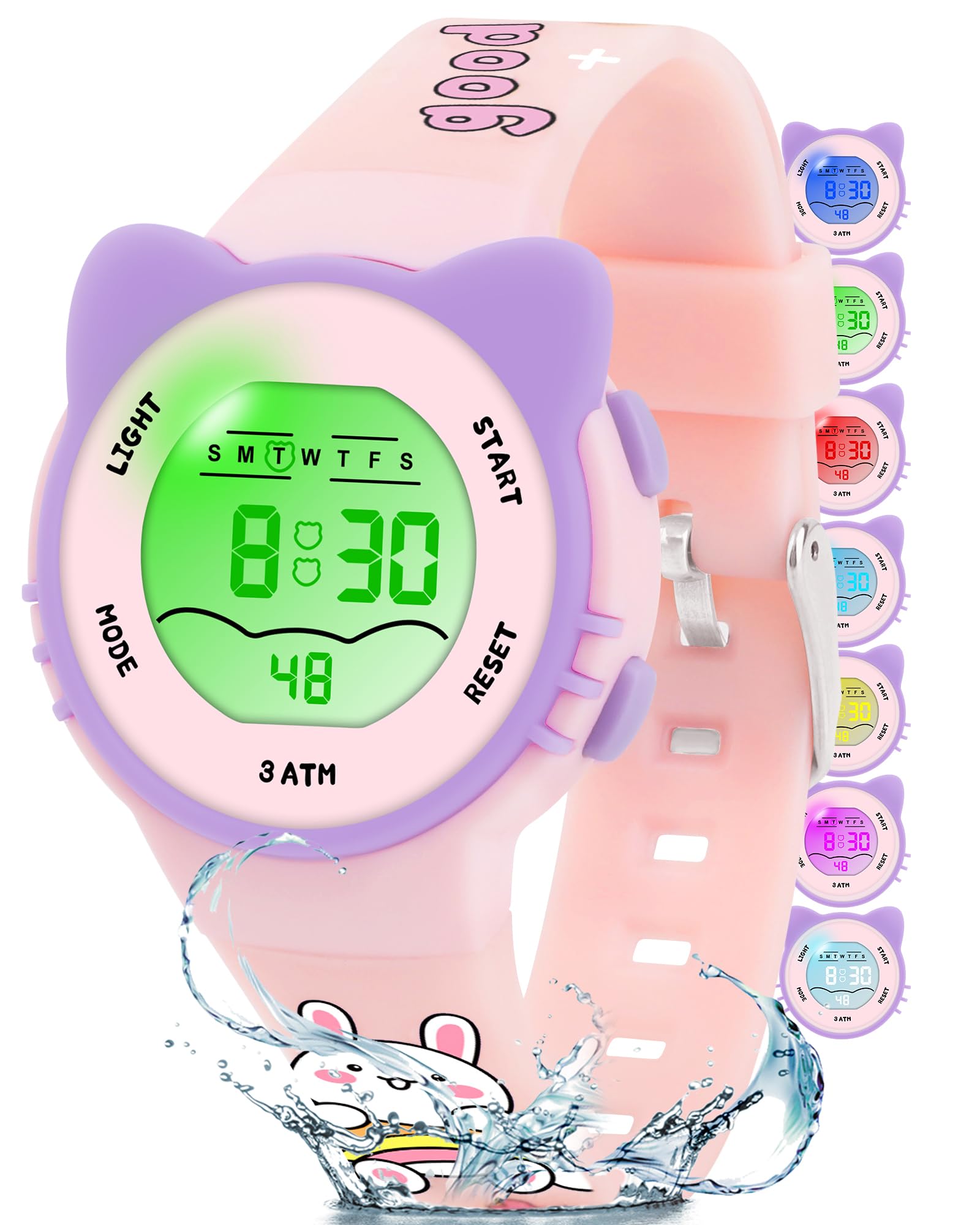 DTKID Digitaluhr Kinder, 7 Farben Kinderuhr Junge Mädchen, 3 ATM wasserdichte Sports Outdoor Armbanduhr Kinder Mit Timer, Wecker, Kalender