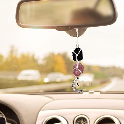 Miniatura 8 de Boho Garden - Dije colgante para automóvil, Turmalina negra y cuarzo rosa, Luna colgante, accesorios de cristal curativo, decoraciones para espejo