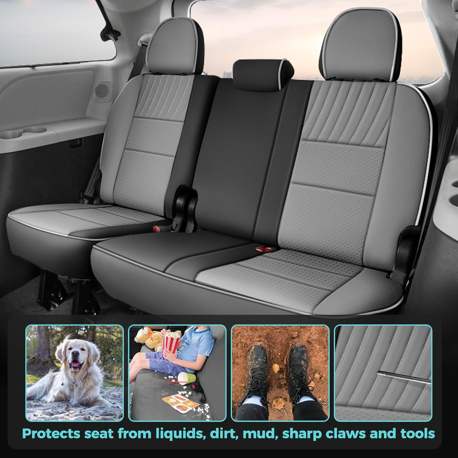 for Toyota Sienna 2015-2020 Three Row 8 Seat Covers Full Set, Custom Fit Sienna LE,XLE, SE,XLE Premium Faux Leather Car Seat Protector Full Coverage Seat Protector(BlackGrey)