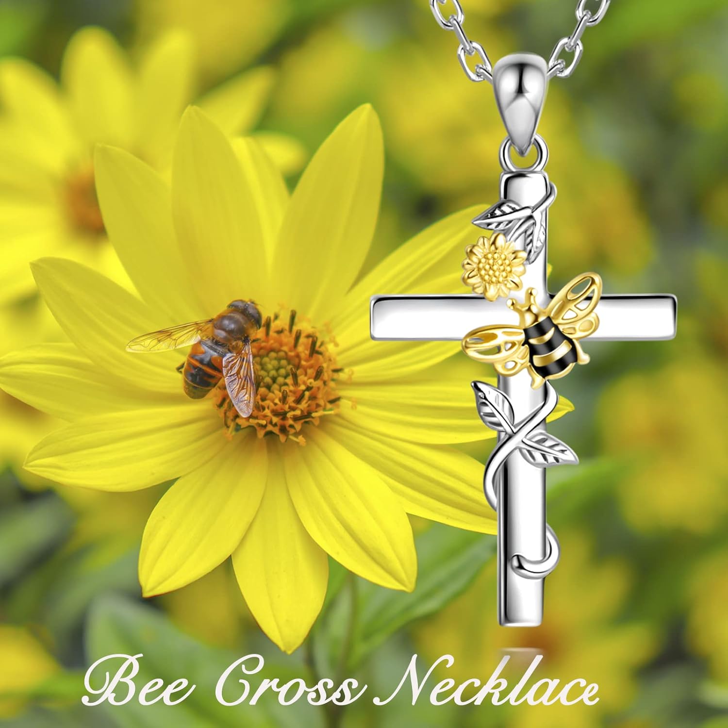 Cross Necklace 925 Sterling Silver Sunflower Pendant Bee Necklace You are my Sunshine Jewelry Gifts for Women - Image 6
