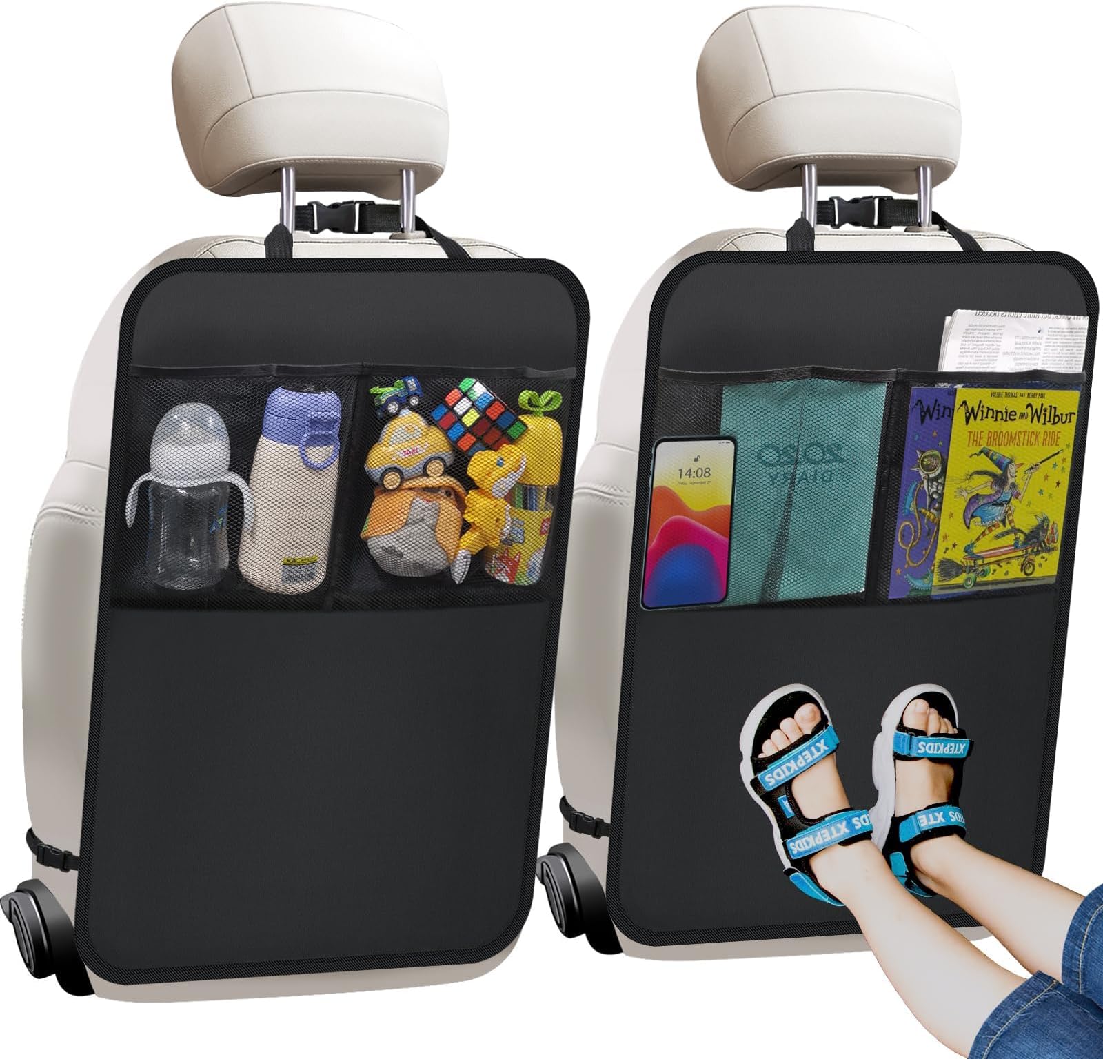 Kick Mats with Organizer - 2 Pack Backseat Protector Seat Covers for Your Car, SUV, Minivan or Truck Seats - Vehicle Back Seat Kids Safety Accessories - Universal Fit Automotive Interior Protectors