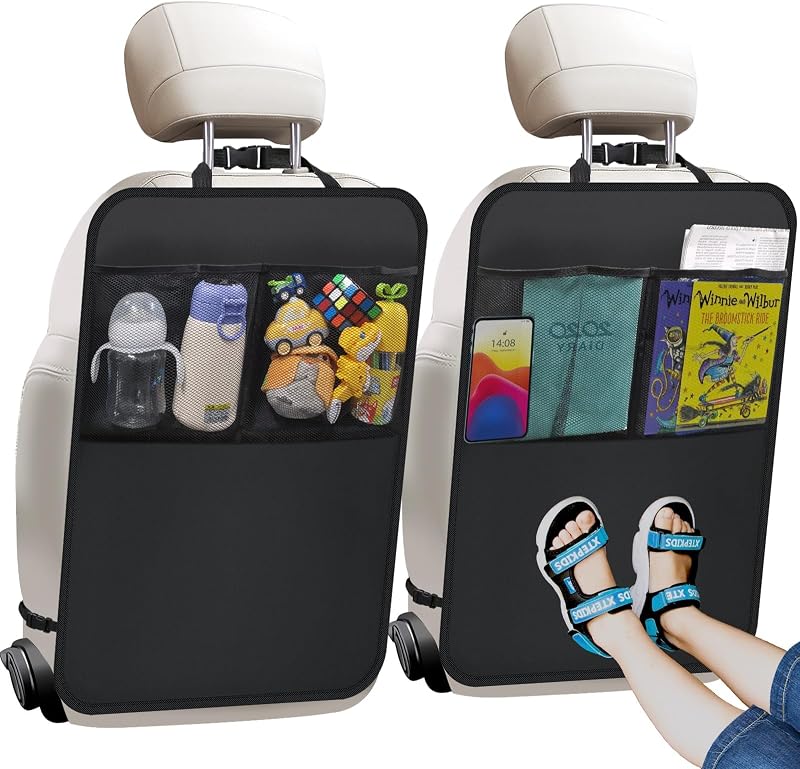 Alfombrillas con organizador - Paquete de 2 fundas protectoras para asientos traseros para asientos de automóvil, SUV, minivan o camión - Accesorios de seguridad para niños en asientos traseros de vehículos - Protectores interiores automotrices de ajuste universal