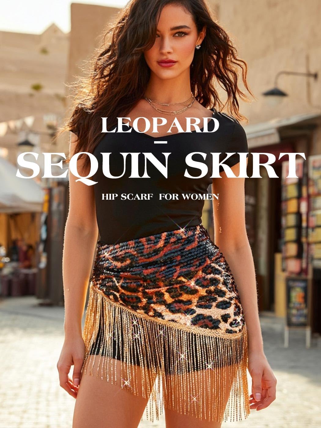 TWINKLEDE Belly Dance Hip Scarf Latin Sequin Leopard Fringe Wrap Skirt for Women